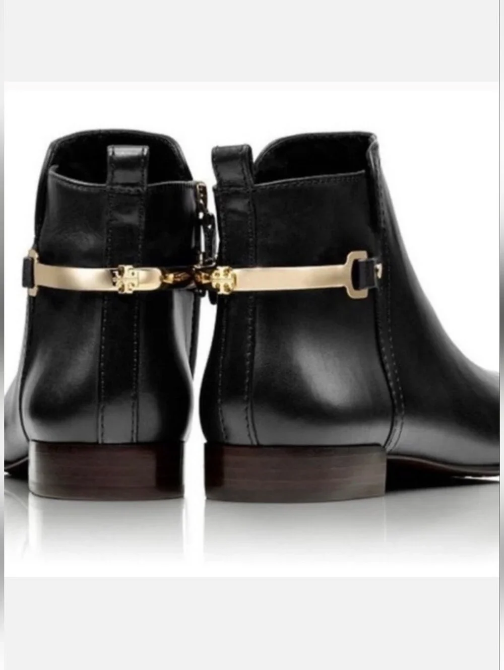 Tory Burch Jess Black Leather Ankle Boots Gold Strap Detail Sz 10